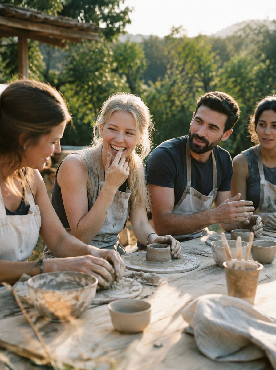 Friends laughing at an outdoor workshop