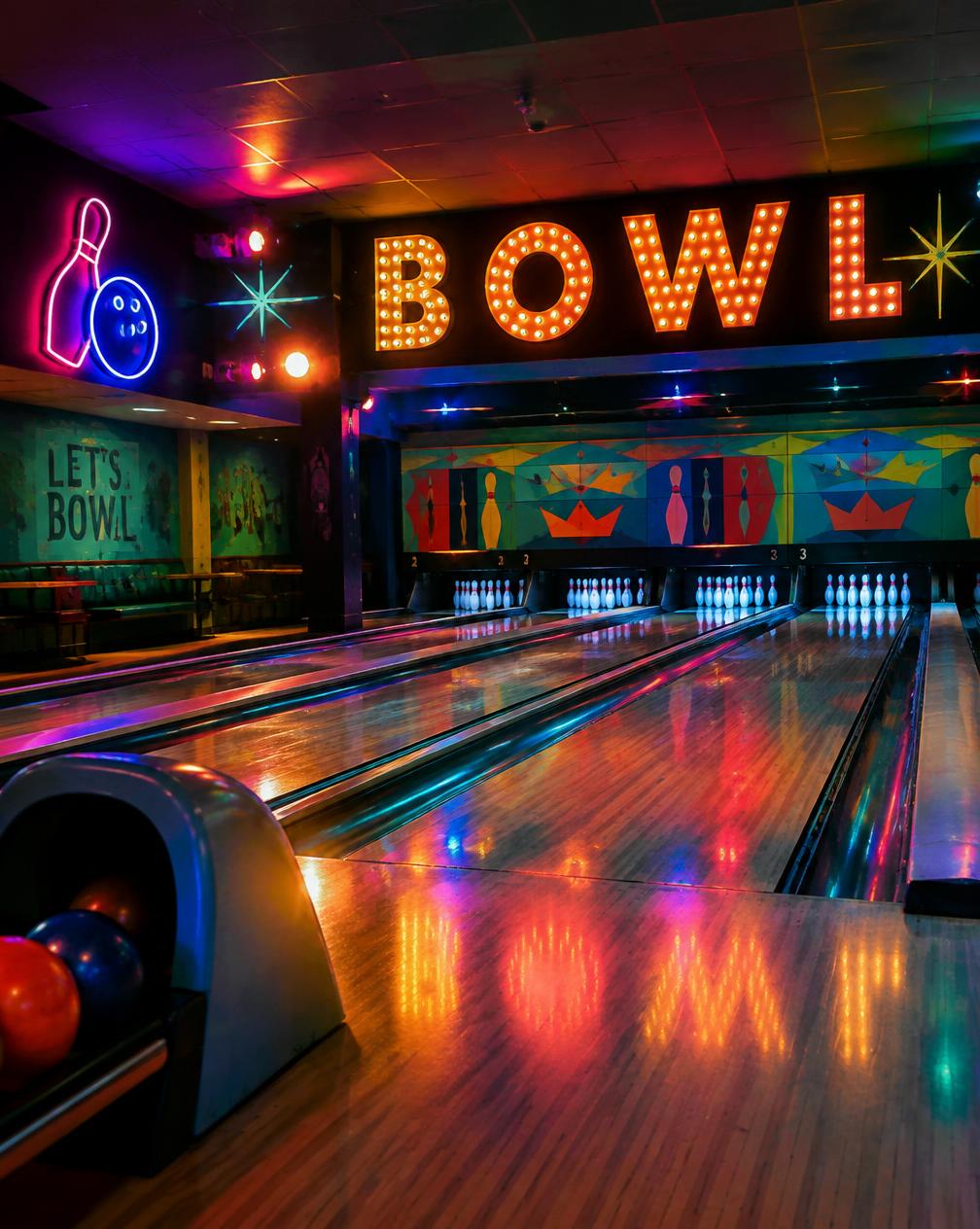 Neon-lit bowling lanes